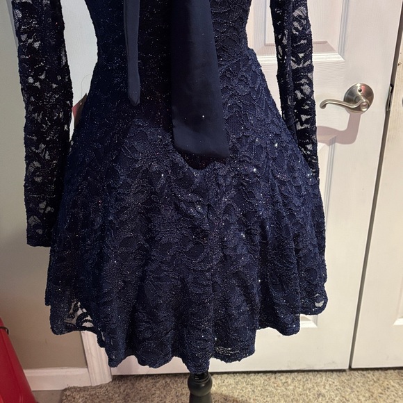 B Darlin Midnight Blue Lace Long Sleeve Dress - Picture 7 of 9
